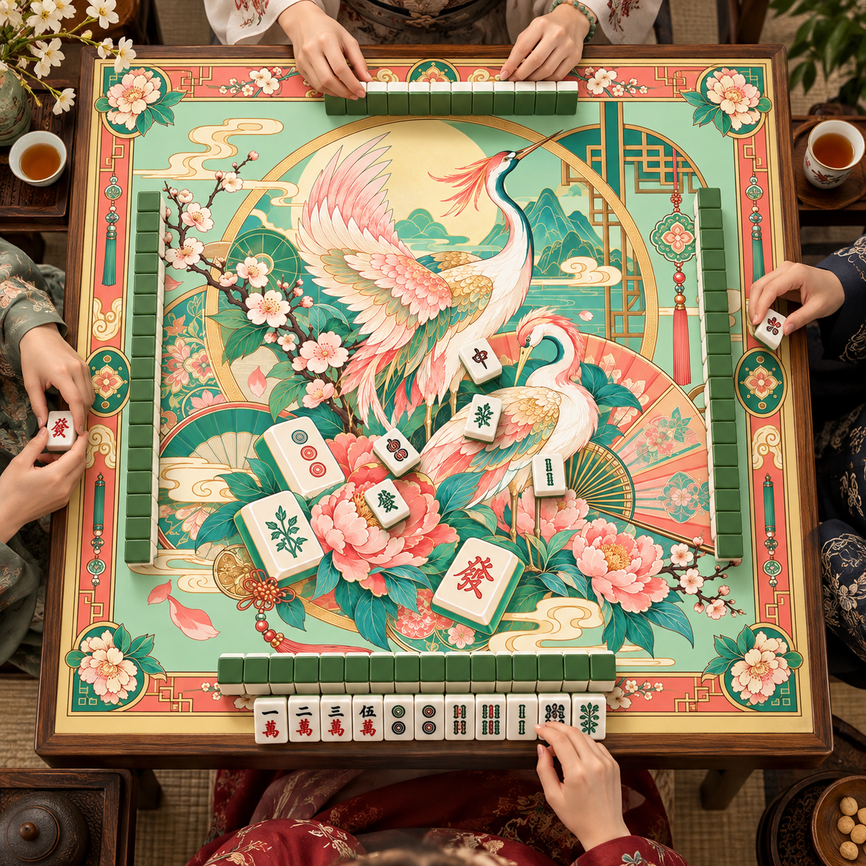 Traditional Style Crane and Peony Mahjong Mat