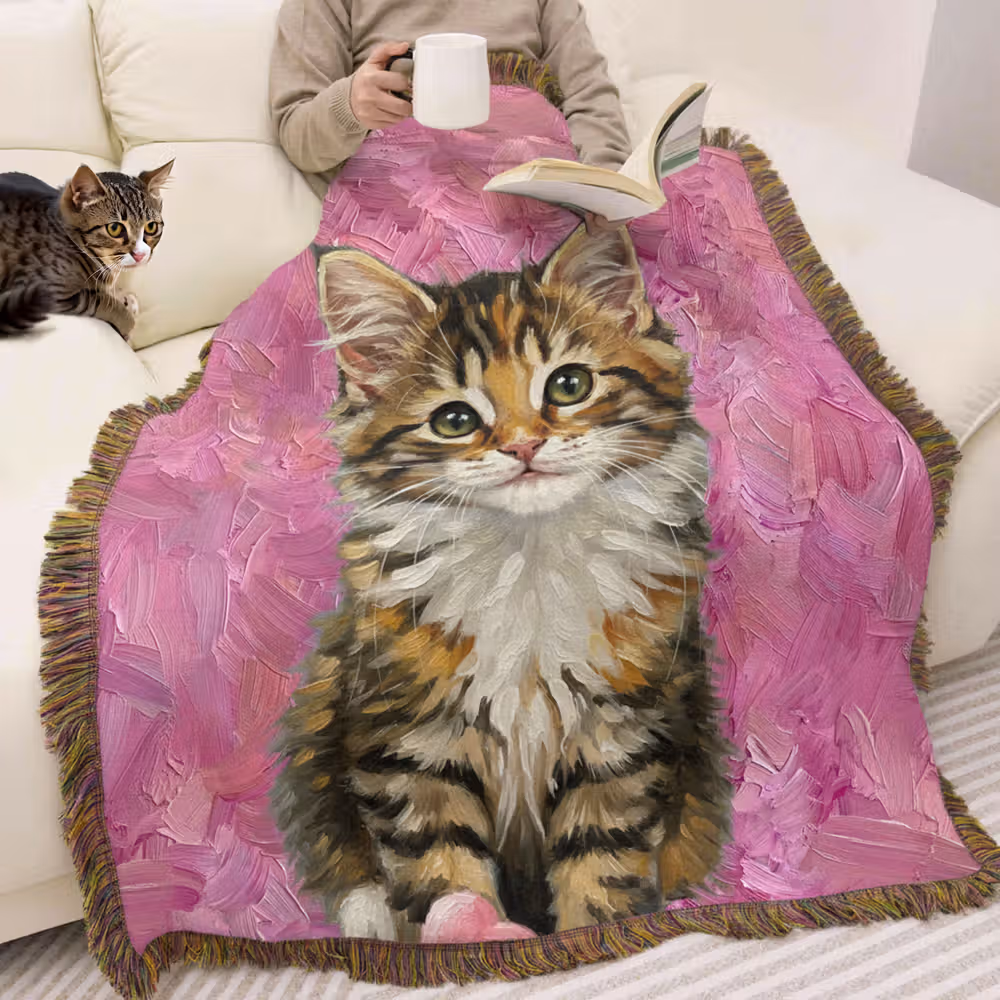 Personalized Pet Oil Painting Photo Tassel Soft Throw Blanket with Name Home Decor Birthday Gift for Pet Lover