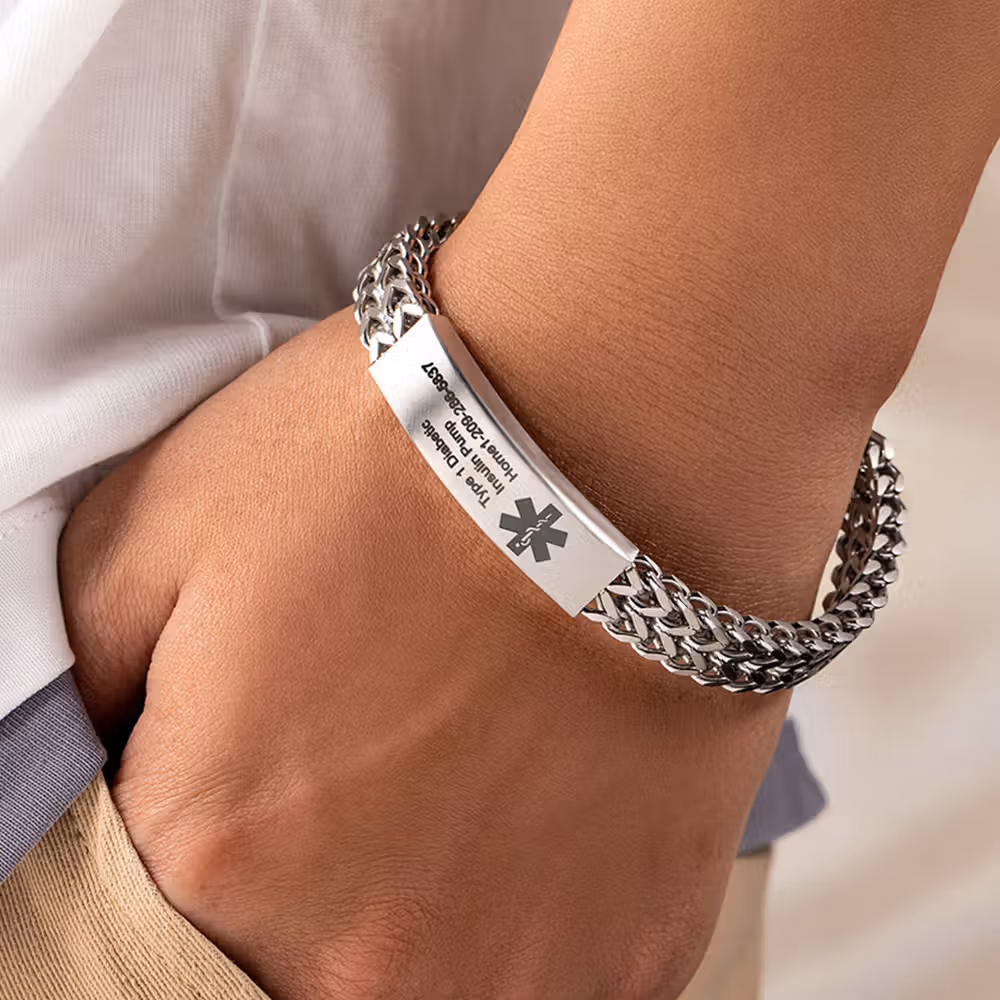 Personalized Men Medical Emergency ID Alert Bracelet with Text Gift for Epilepsy Diabetes Allergy Patients