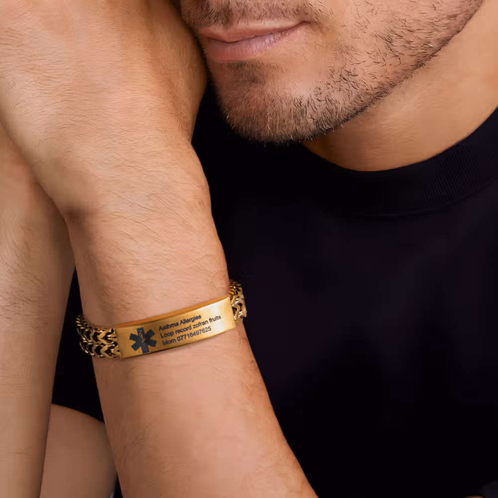 Personalized Men Medical Emergency ID Alert Bracelet with Text Gift for Epilepsy Diabetes Allergy Patients