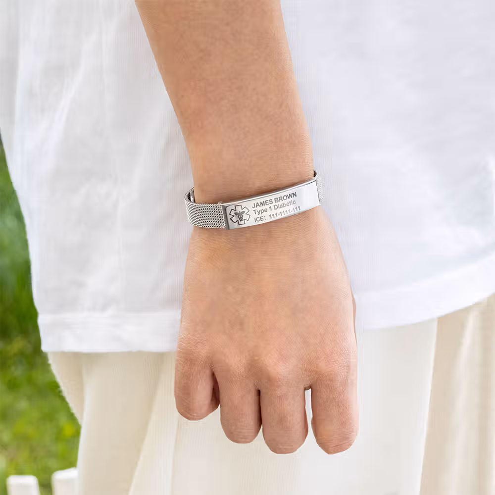 Personalized Adjustable Emergency Medical Alert ID Mesh Band Bracelet with Engraved Text Birthday Gift for Diabetes Allergy Epilepsy Autism