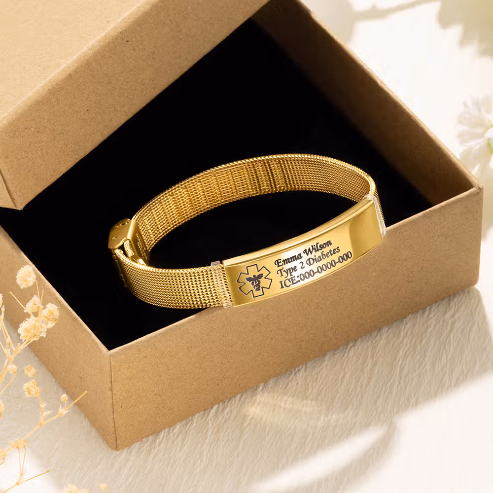 Personalized Adjustable Emergency Medical Alert ID Mesh Band Bracelet with Engraved Text Birthday Gift for Diabetes Allergy Epilepsy Autism