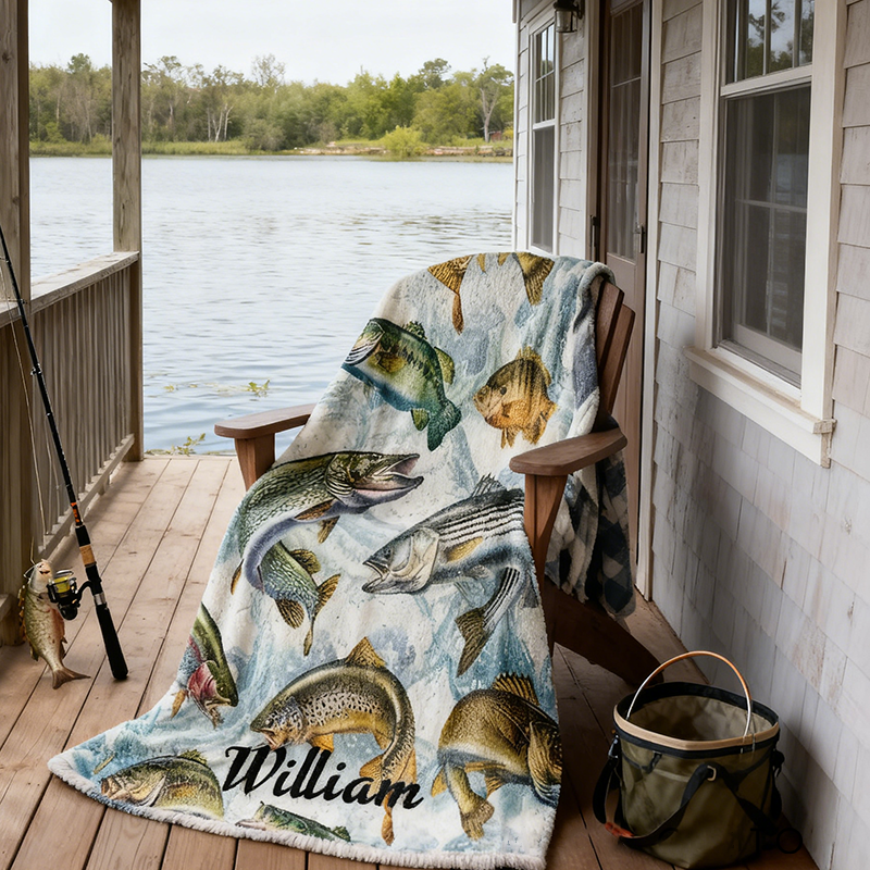 Personalized Fishing Blanket Soft and Warm with Vibrant Fish Design Custom Name Perfect for Anglers Home Camping or Unique Fishing Gifts