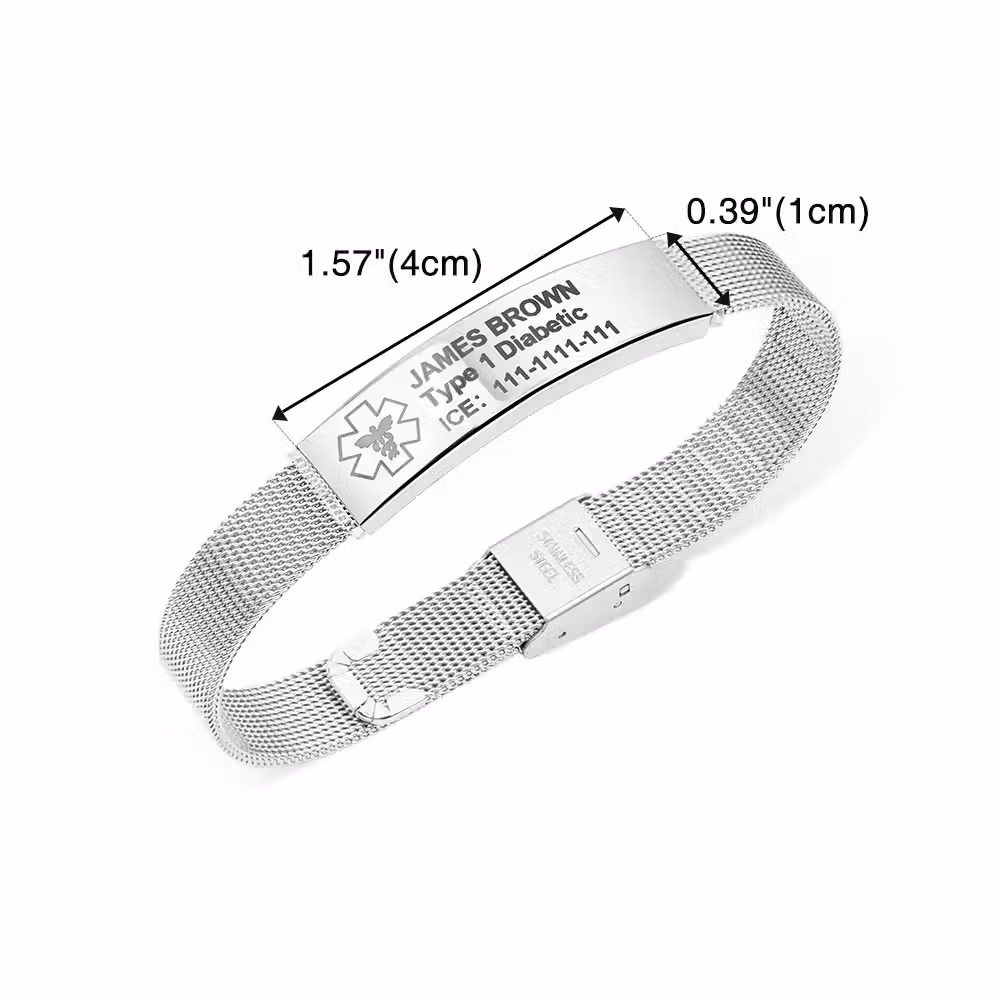 Personalized Adjustable Emergency Medical Alert ID Mesh Band Bracelet with Engraved Text Birthday Gift for Diabetes Allergy Epilepsy Autism