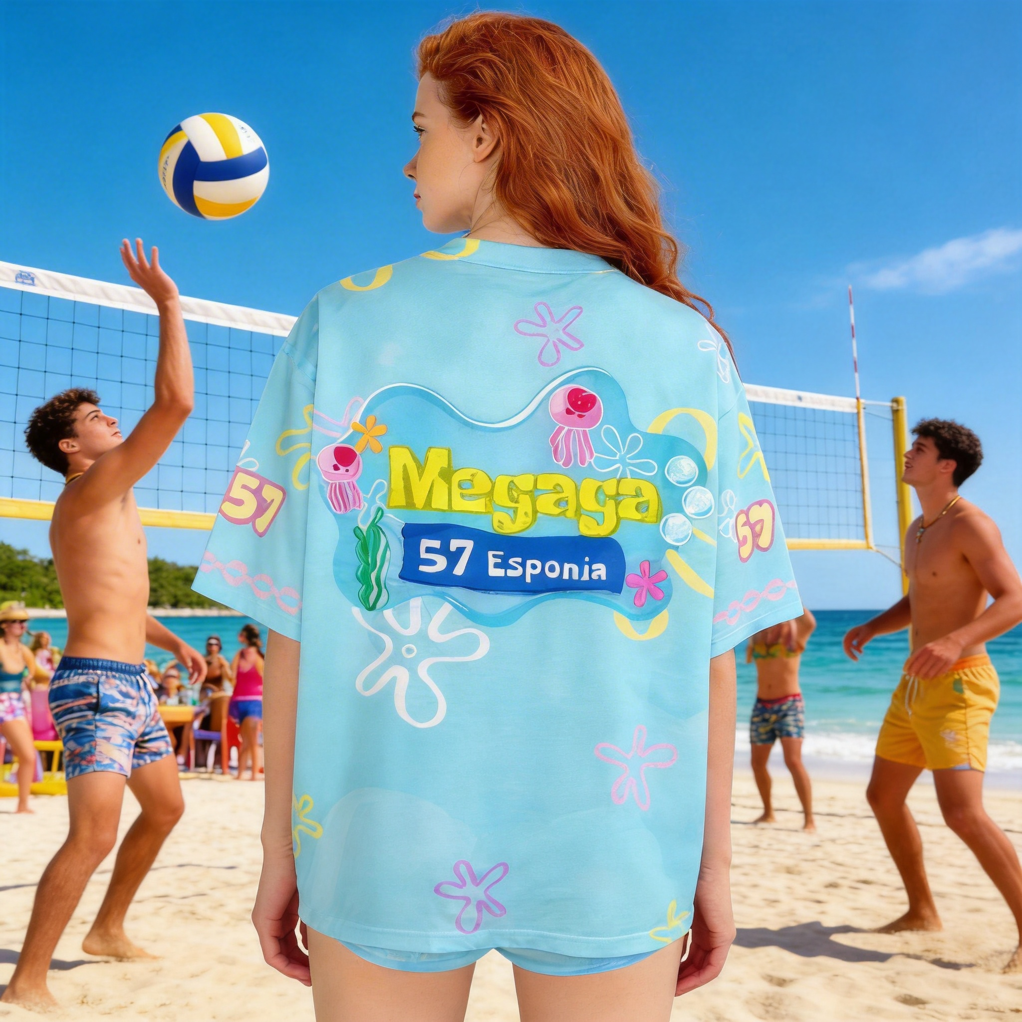 Personalized Kids and Aldult Summer Beach Outfit Set Cute Cartoon Ocean Theme Number Sports Jersey Top