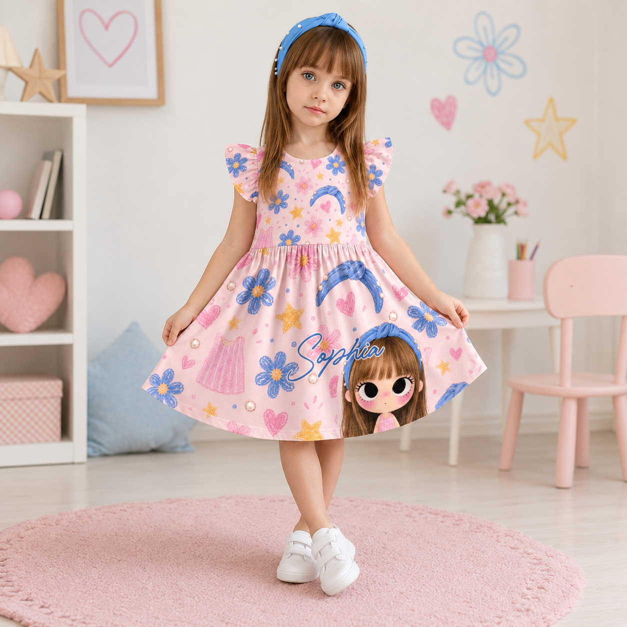 Personalized Custom Photo Cartoon Portrait Stars Hearts Rainbow Pastel Birthday Party Twirl Coquette Ruffle Dress