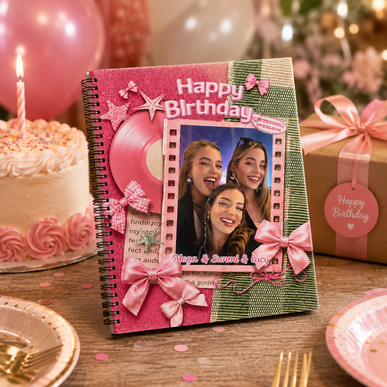 Personalized Photo Collage Pink Confetti Celebration Memory Journal Gift For Girls Spiral Notebook