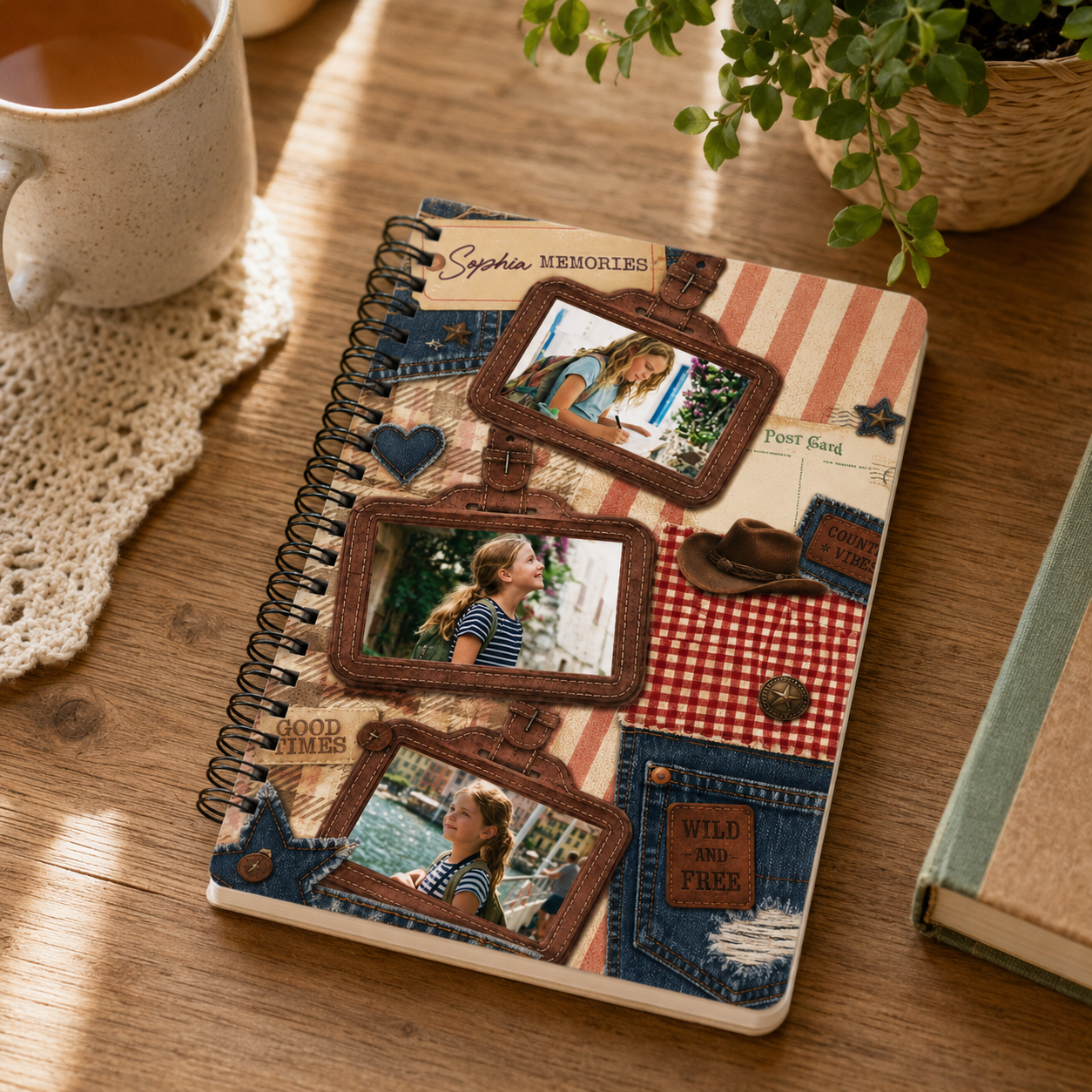 Personalized Vintage Memory Collage Rustic Frames Americana Patterns Custom Photo Journal Gift Spiral Notebook