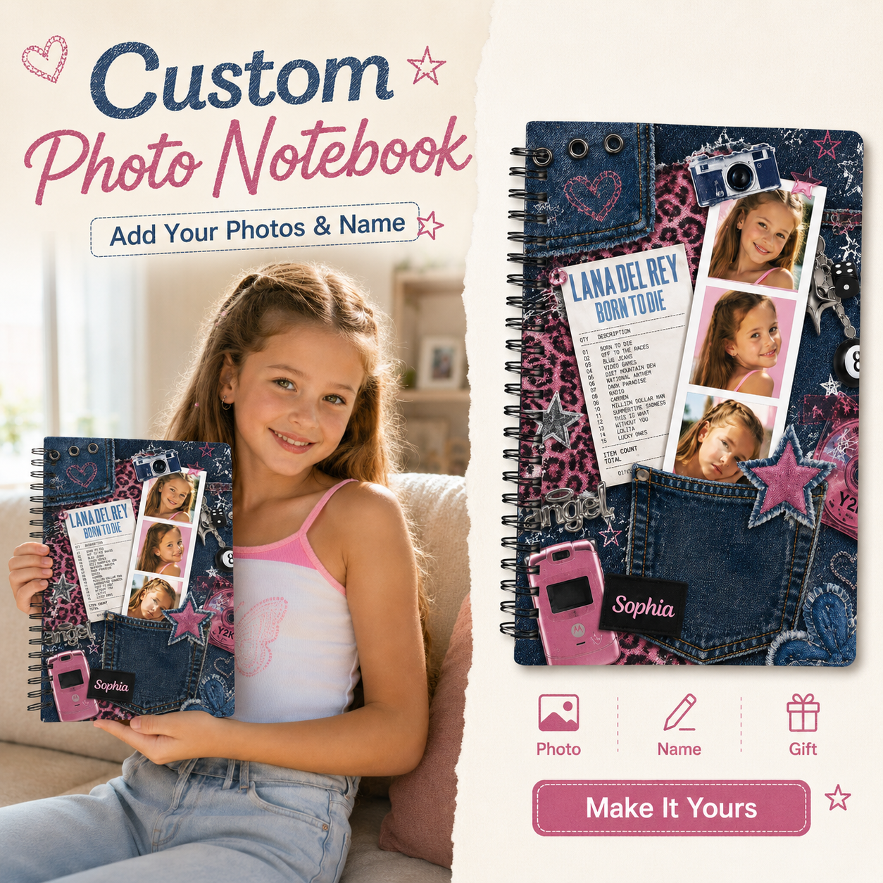 Personalized Teen Girl Photo Collage Graffiti Style Denim Stars Music Lover School Memory Journal Spiral Notebook