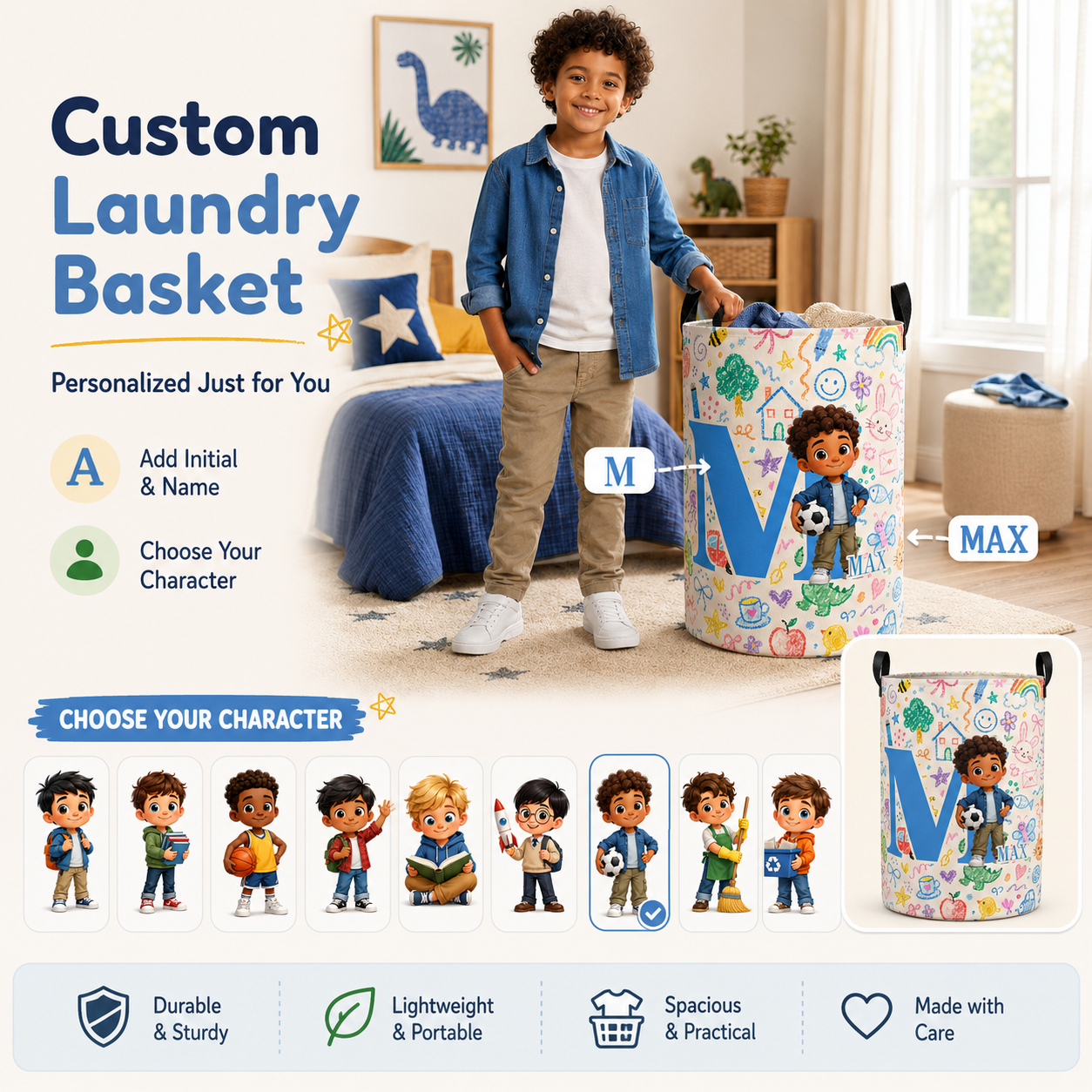Personalized Girl and Boy Initial Laundry Basket Kids Room Storage Bin Cute Kids Alphabet Toy Organizer For Nursery And Bedroom