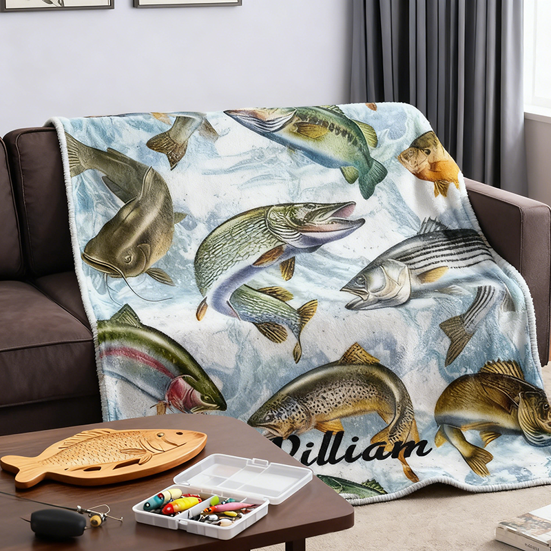 Personalized Fishing Blanket Soft and Warm with Vibrant Fish Design Custom Name Perfect for Anglers Home Camping or Unique Fishing Gifts