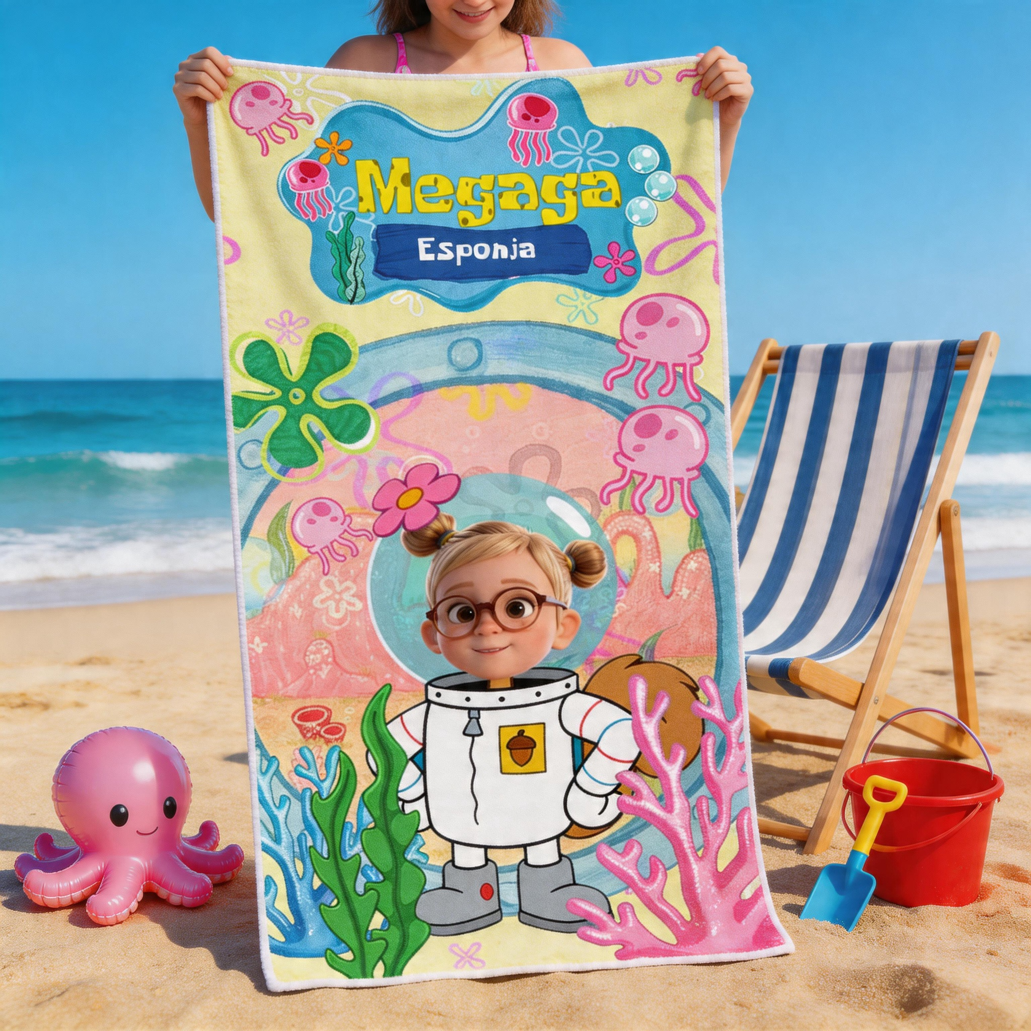 Personalized Kids Beach Towel Custom Name Photo Towel Cute Ocean Theme Swim Pool Gift For Girls Boys