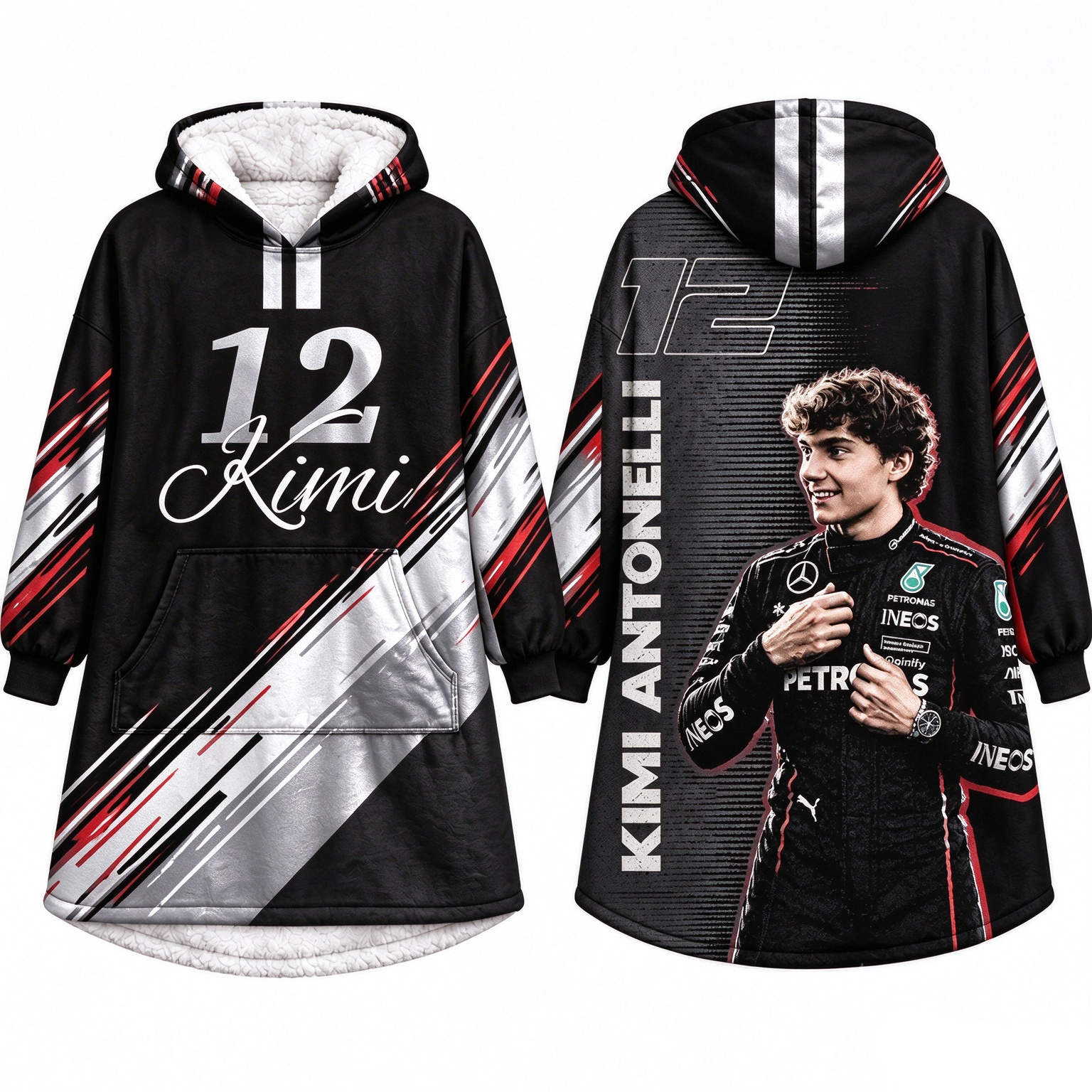 Grand Prix AMG Team Hooded Robe, Soft Plush Lined Long Loungewear, All‑Over Racing Print, Unisex Loose Fit, #63 #12 Fan Gift