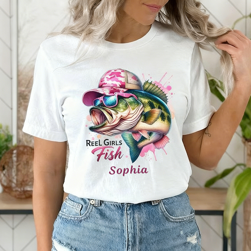 Personalized Fishing T-Shirt Reel Girls Fish T-Shirt Woman Fishing T-Shirt Custom Name Vibrant Fish Design Comfortable and Stylish Perfect Gift for Fishing Enthusiasts