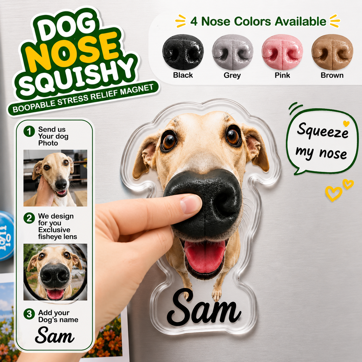 Personalized Pet Nose Squeeze Fridge Magnet Toy with Custom Face & Name Custom Dog Nose Squishy 