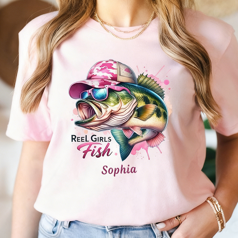 Personalized Fishing T-Shirt Reel Girls Fish T-Shirt Woman Fishing T-Shirt Custom Name Vibrant Fish Design Comfortable and Stylish Perfect Gift for Fishing Enthusiasts