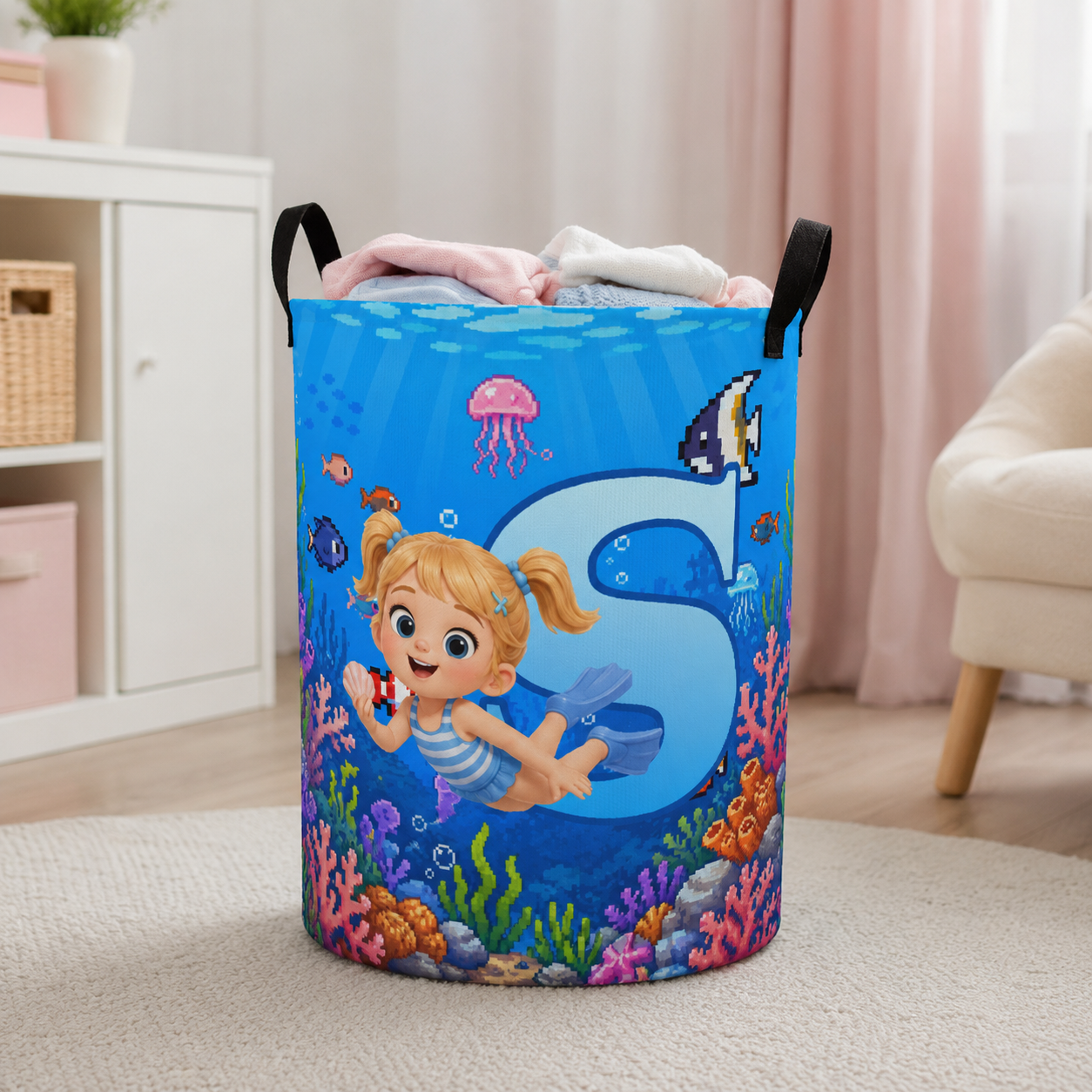 Personalized Kid Initial Laundry Basket Ocean Underwater Scuba Diver Kids Room Storage Bin Toy Clothes Organizer For Nursery Bedroom