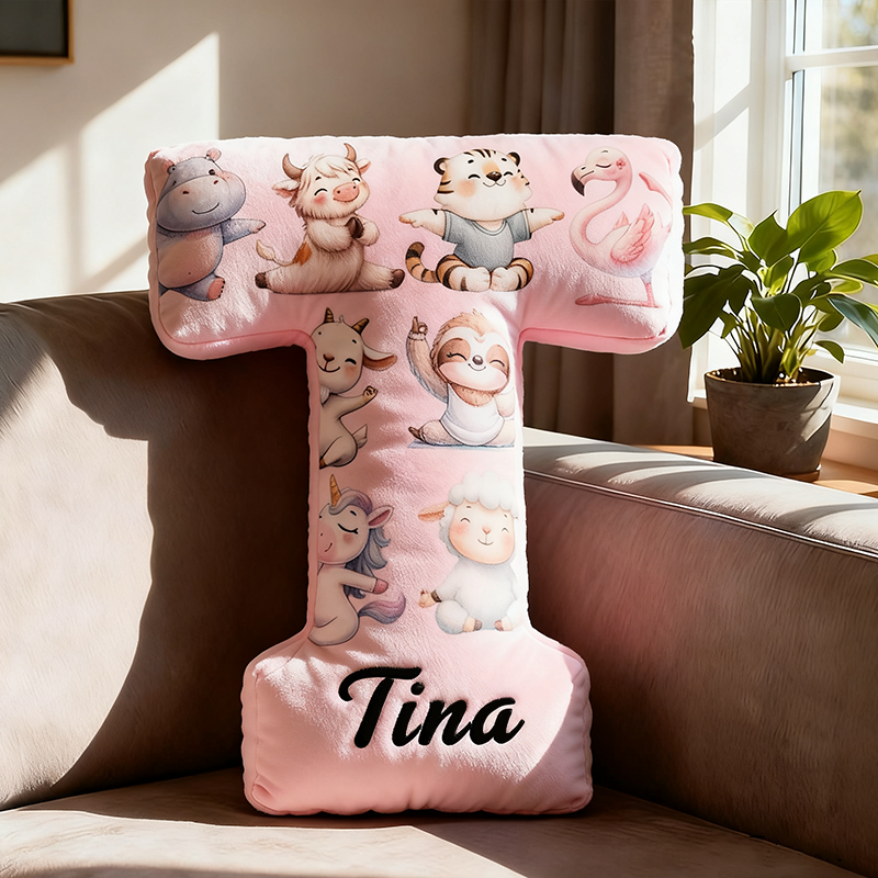 Personalized Yoga Letter Pillow Funny Yoga Pillow Custom Name Cushion with Cute Animal Yoga Poses Graphic 3D Print Soft and Fun Gift for Yoga Enthusiasts and Kids Room Decor