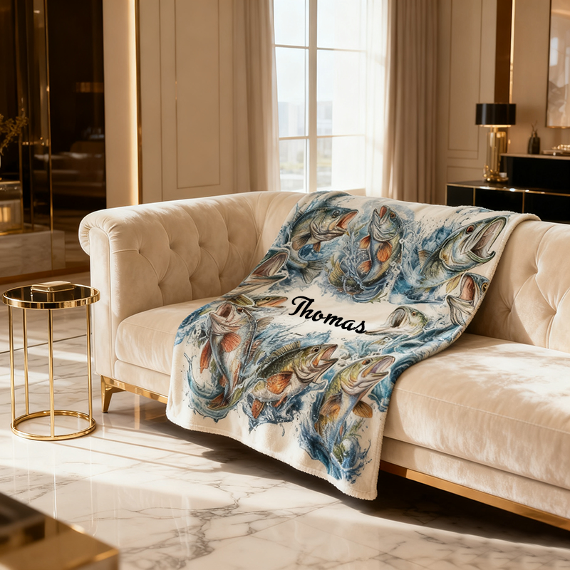 Personalized Fishing Blanket Bass Fish Design Custom Name Soft and Cozy Throw Perfect Gift for Anglers Fishermen and Outdoor Enthusiasts