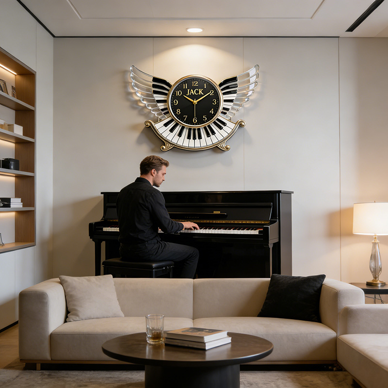 Personalized Piano Wings Themed Wall Clock Unique Custom Name Gift for Pianist Music Lovers for Home and Music Studio