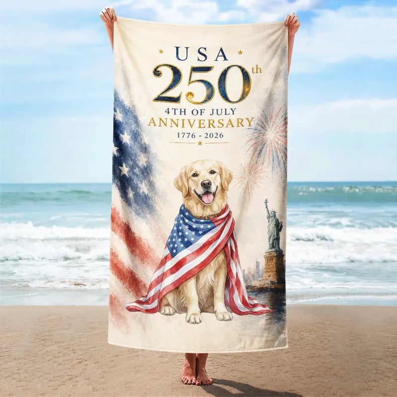 Personalized Beach Towel Custom Photo Watercolor With US Accessories 250th Anniversary Forth Of July 
