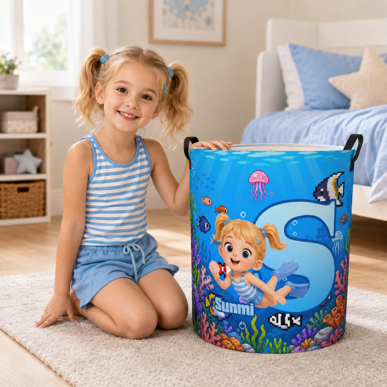Personalized Kid Initial Laundry Basket Ocean Underwater Scuba Diver Kids Room Storage Bin Toy Clothes Organizer For Nursery Bedroom