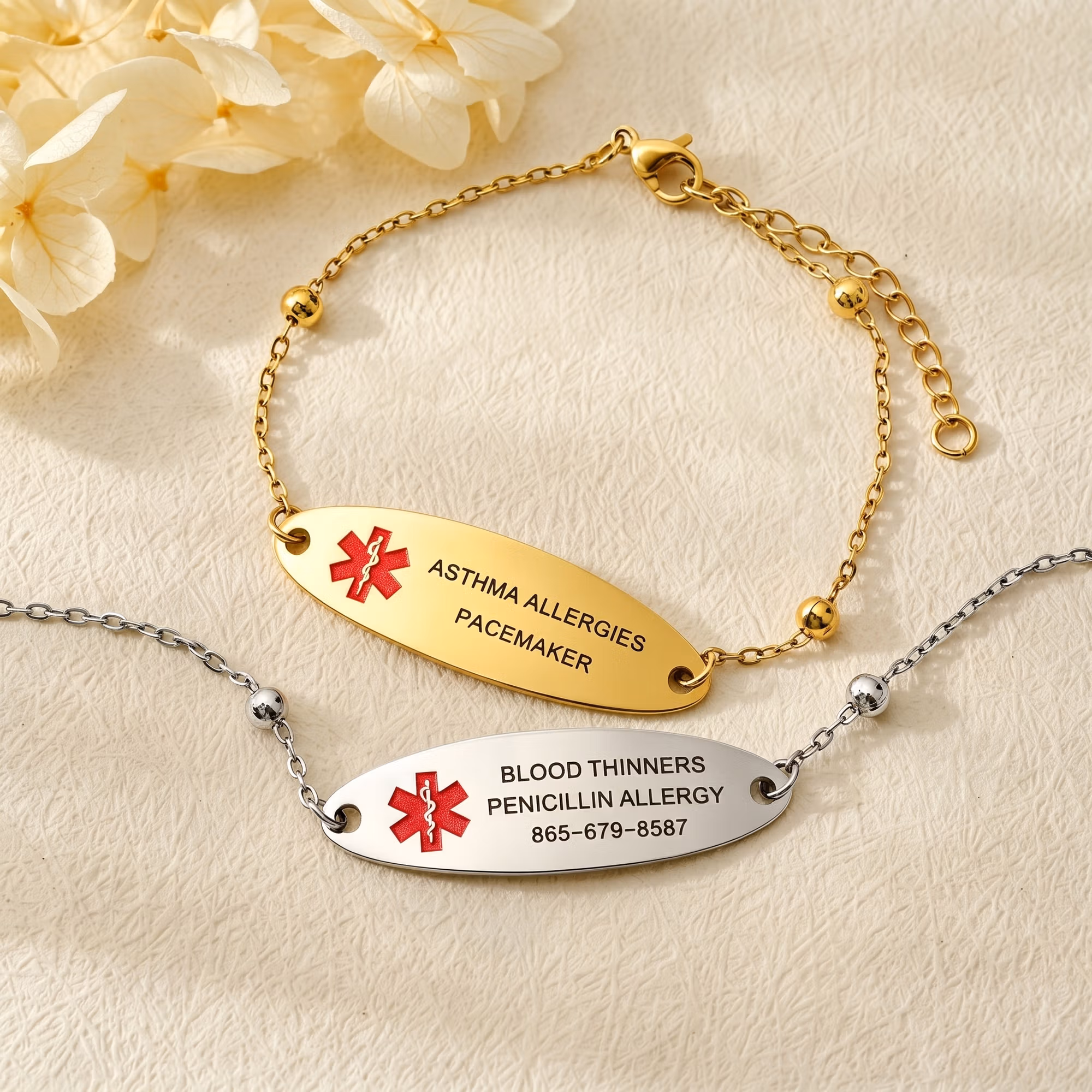 Personalized Engraved Medical Alert Adjustable Bracelet, Stainless Steel Medical ID Emergency Contact Bracelet for Women