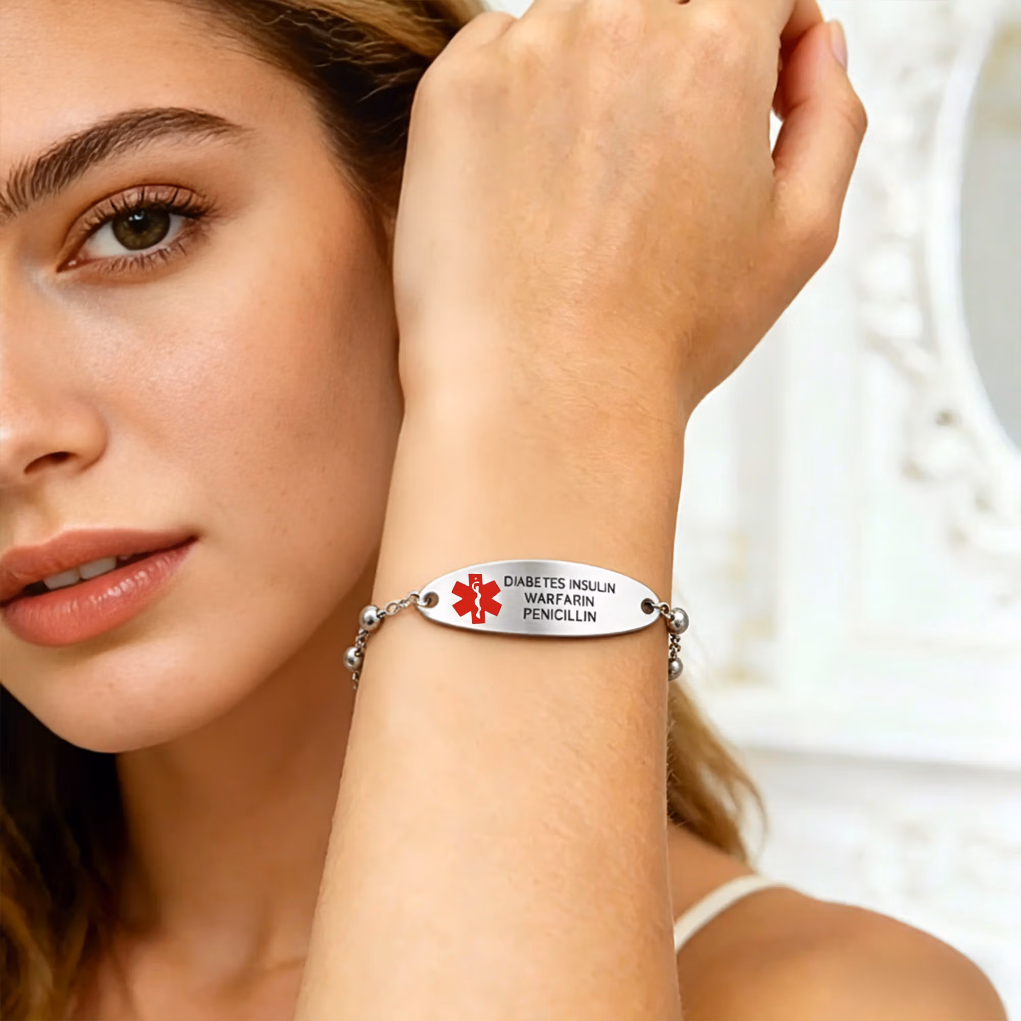 Personalized Engraved Medical Alert Adjustable Bracelet, Stainless Steel Medical ID Emergency Contact Bracelet for Women