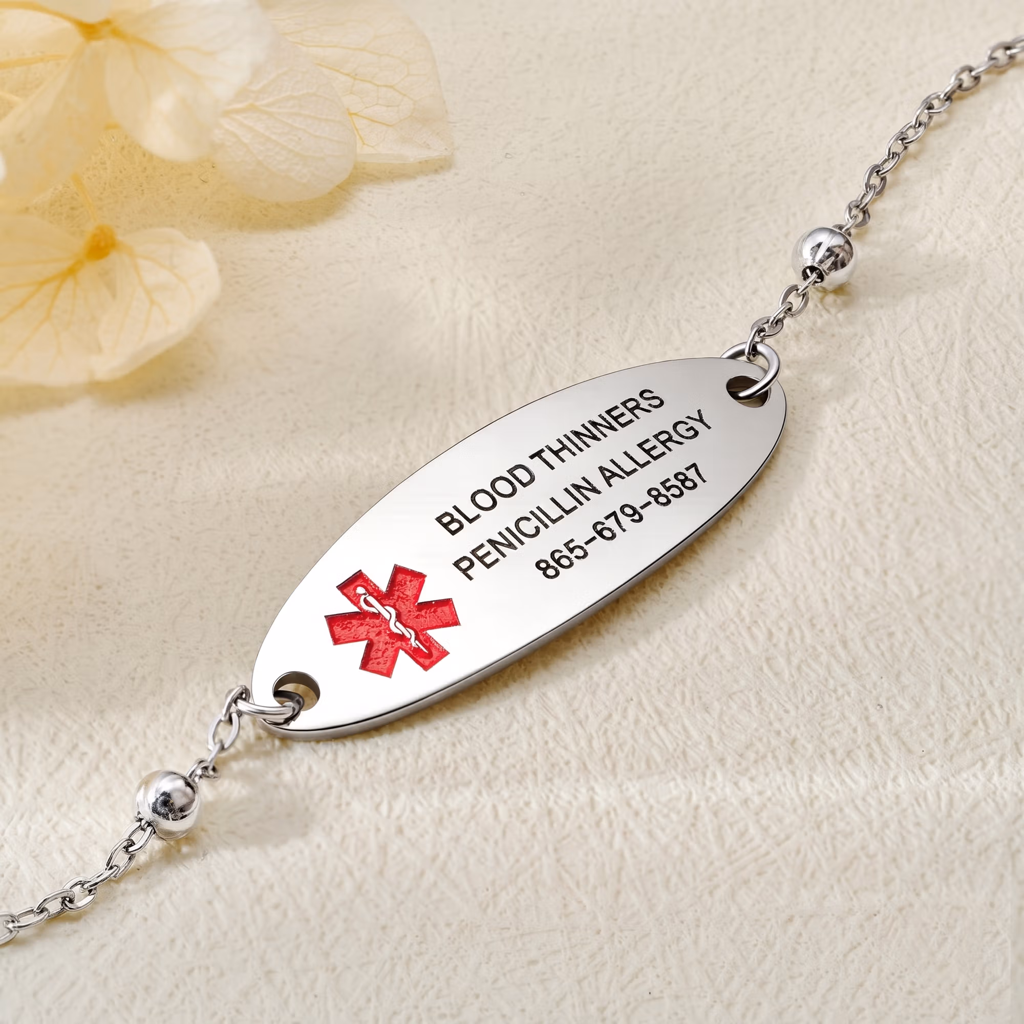 Personalized Engraved Medical Alert Adjustable Bracelet, Stainless Steel Medical ID Emergency Contact Bracelet for Women