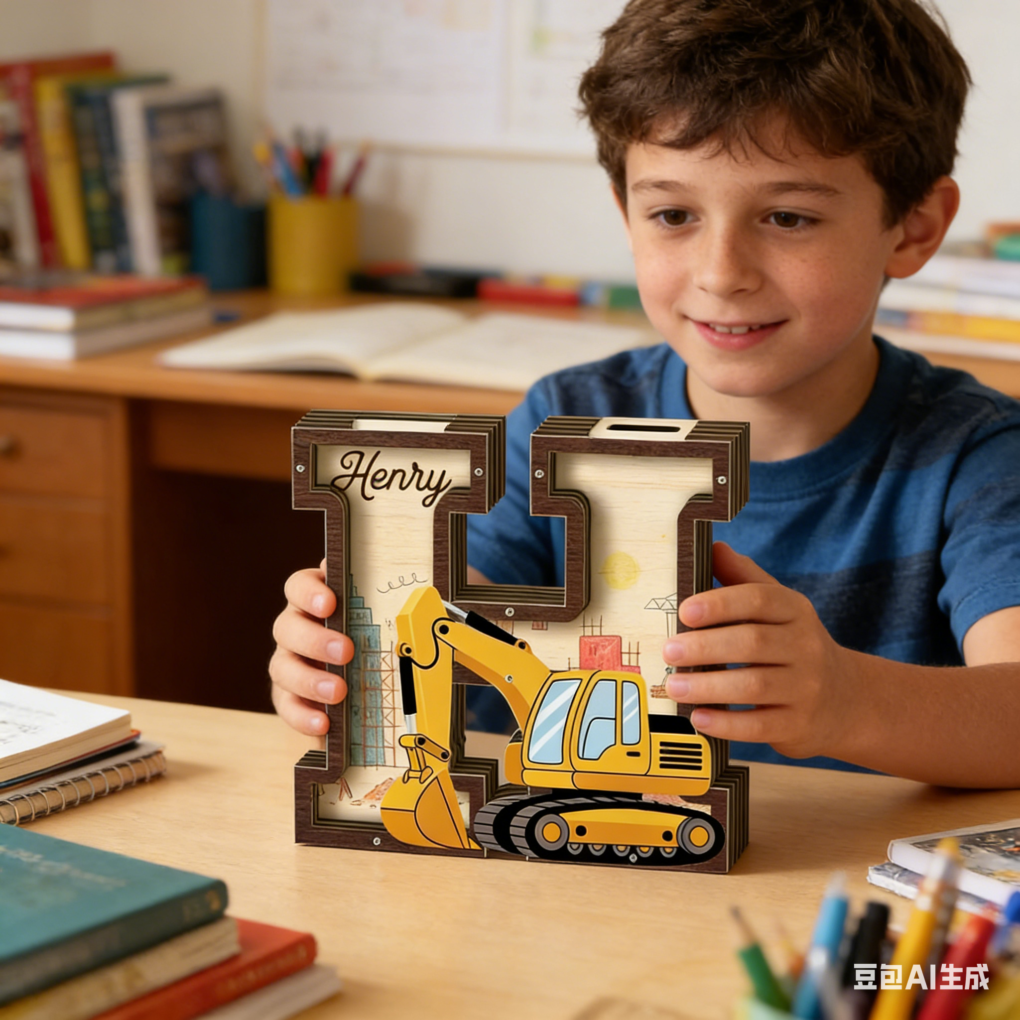 Personized Excavator Letter Piggy Bank Wooden Construction Vehicle Initial Personalized Kids Room Decor