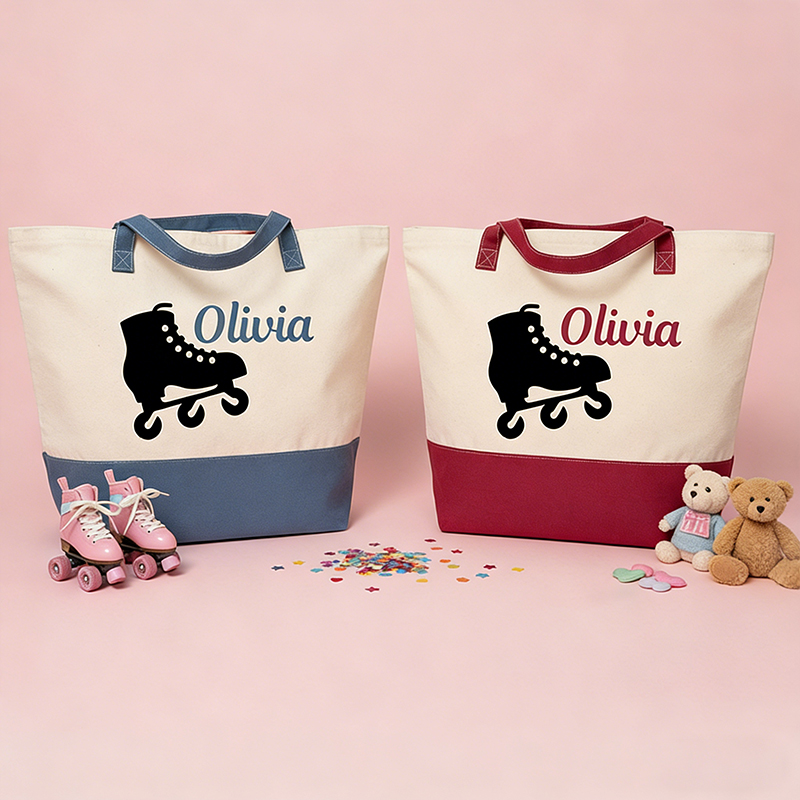 Personalized Roller Skate Canvas Tote Bag for Kids Custom Name Colorful and Fun Gift