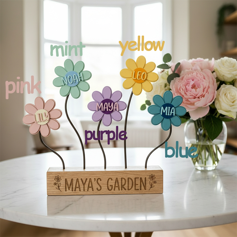 Personalized Family Flower Garden Decor  Custom Name  Wood  Sign  Gift for Mom  Grandma  Kids  Mother Day Home Table Decoration