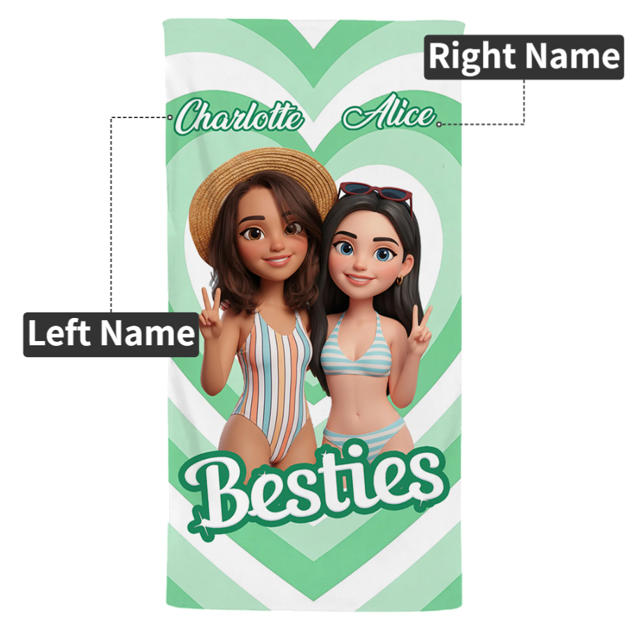 Personalized Cartoon Character Photo Design Quick Dry Oversized Striped Beach Towel with Name Travel Essential Birthday Gift for Sister Friend