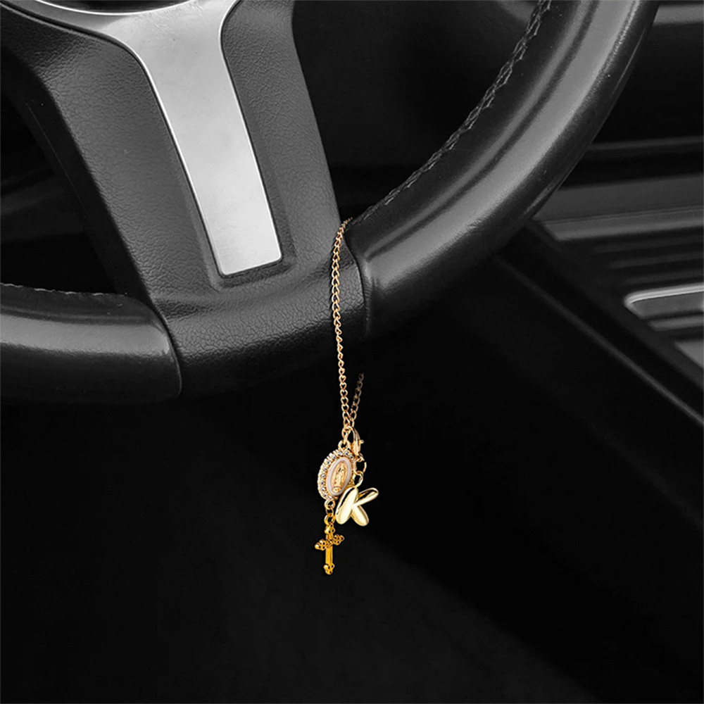 Personalized Zircon Virgin Mary & Cross Steering Wheel Rosary Charm with Bubble Initial – Car Decor, Prayer & Safety Gift for Christian Drivers