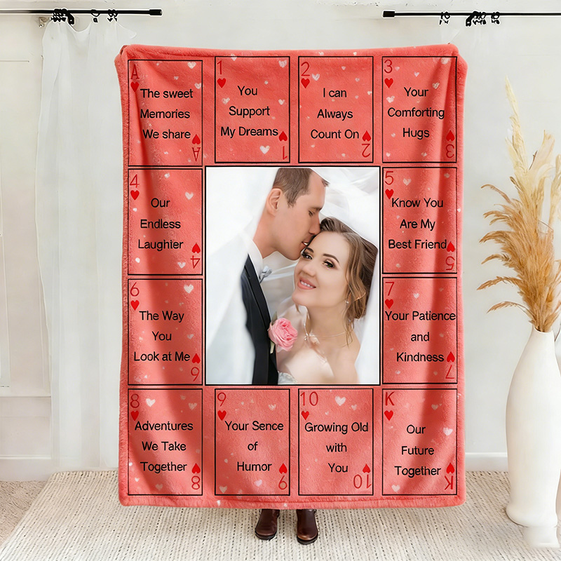 Personalized 12 Reasons Why I Love You Blanket Custom Photo Couple Blanket Gift Play Card Couple Blanket