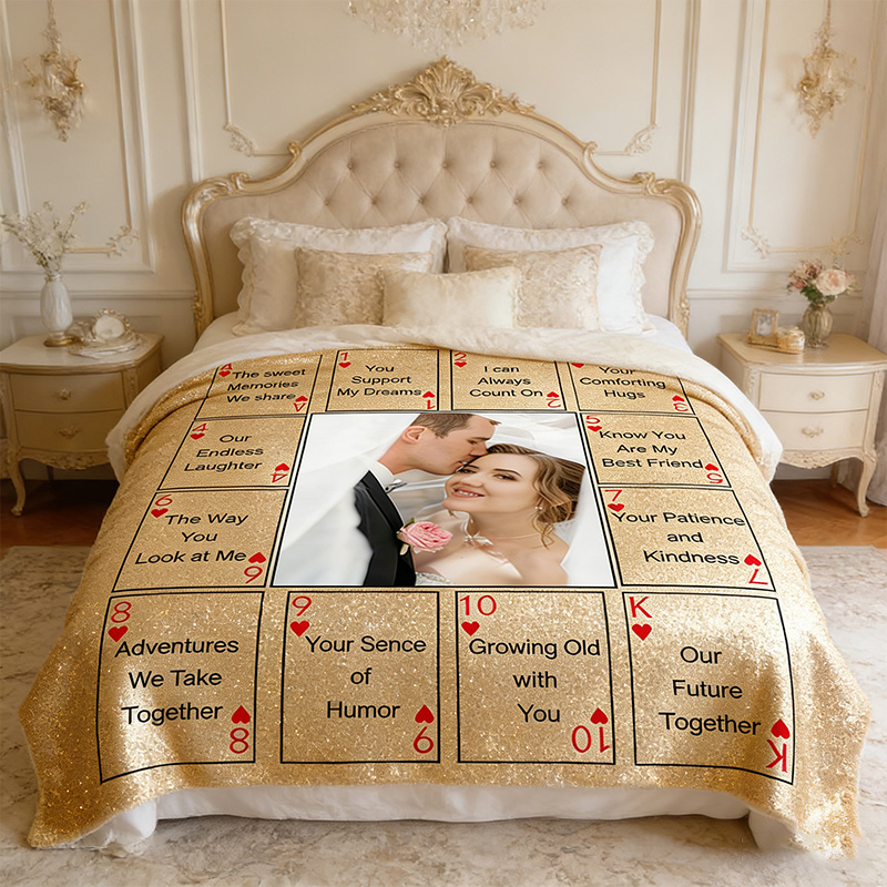 Personalized 12 Reasons Why I Love You Blanket Custom Photo Couple Blanket Gift Play Card Couple Blanket