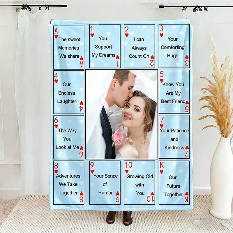 Personalized 12 Reasons Why I Love You Blanket Custom Photo Couple Blanket Gift Play Card Couple Blanket