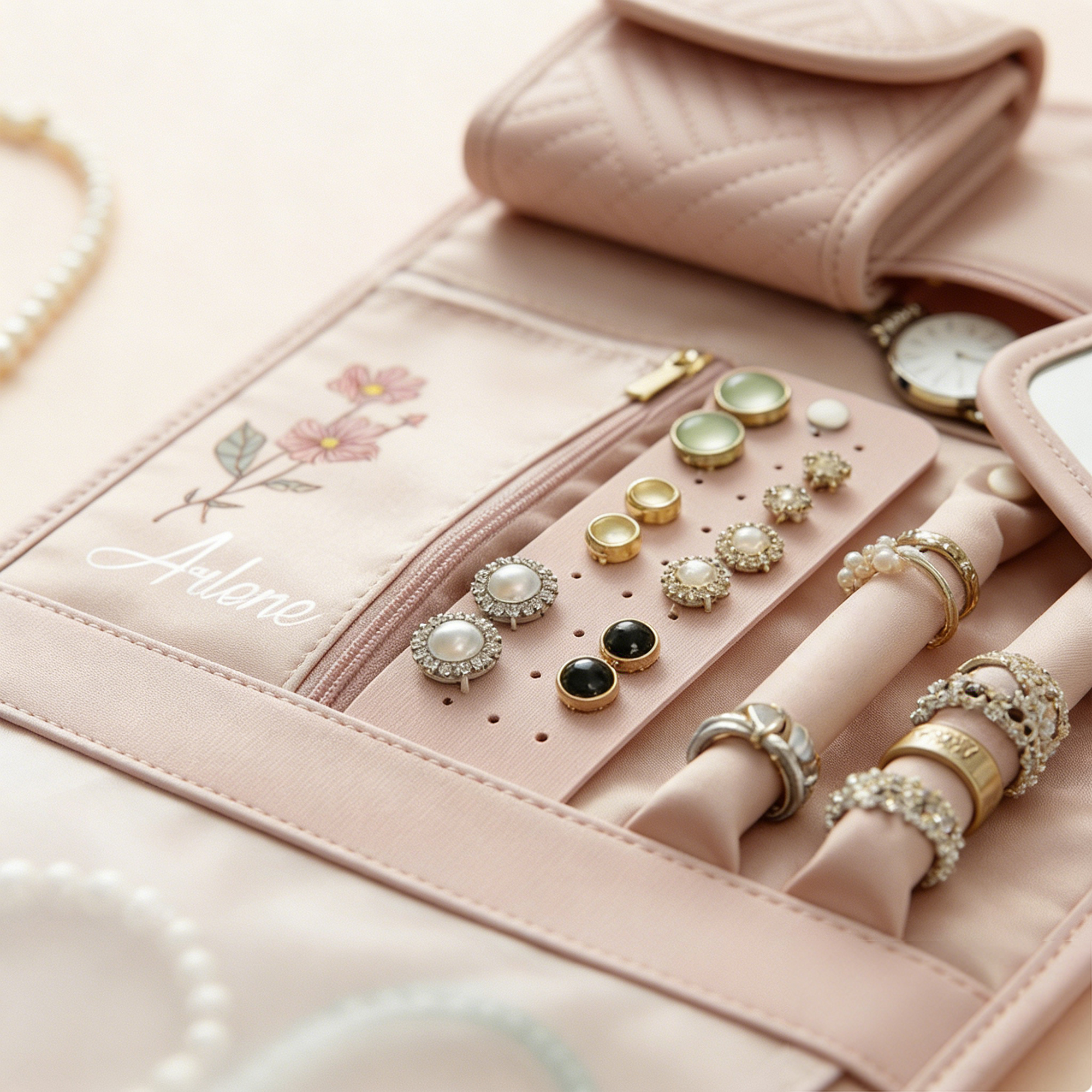 Personalized Jewelry Travel Organizer with Birth Flower and Name Foldable Modular Jewelry Case for Women Custom Gift for Traveler