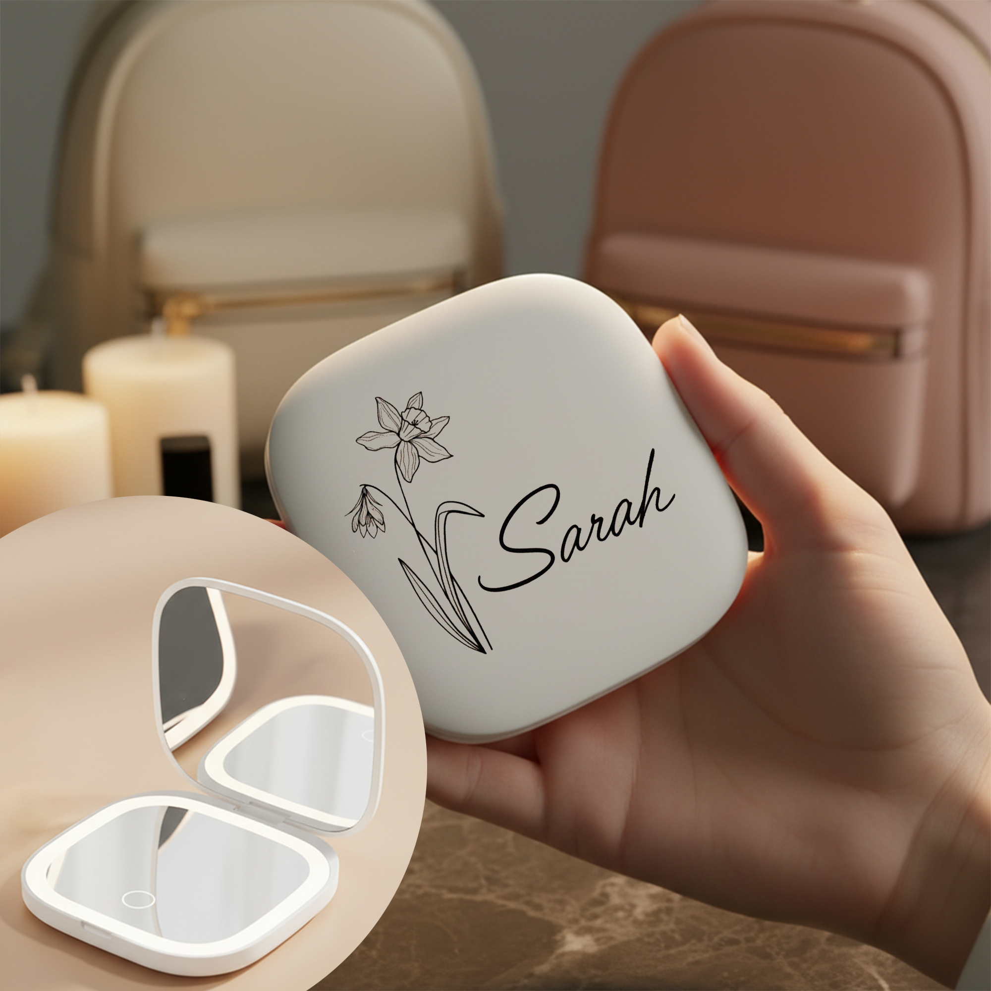 Personalized LED Makeup Mirror with Name and Birth Flower Foldable Travel Mirror for Women 3 Color Light 5X Magnification Rechargeable Gift