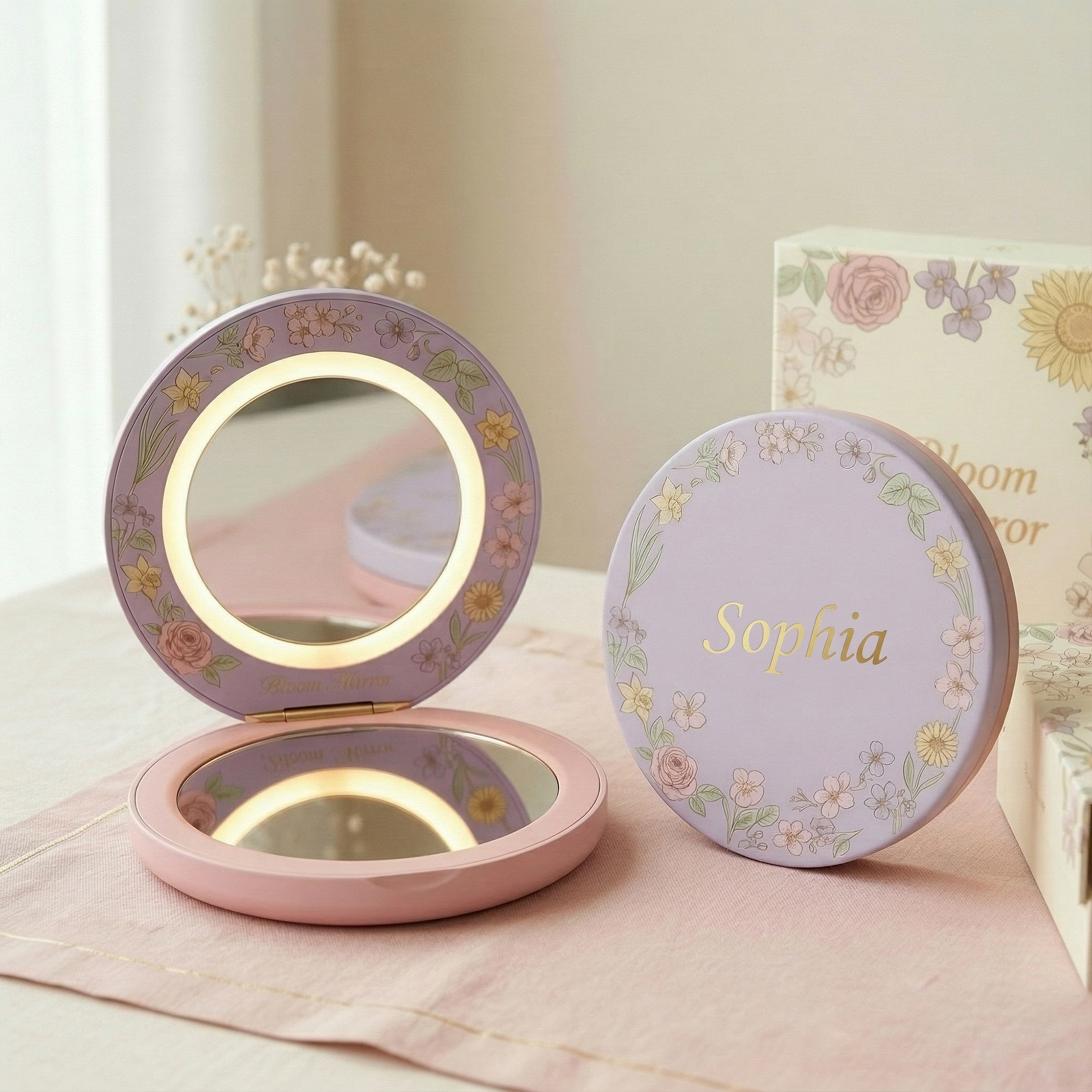 Personalized LED Makeup Mirror with Name and Floral Design Foldable Rechargeable Travel Mirror for Women 3 Color Light 5X Magnification Gift