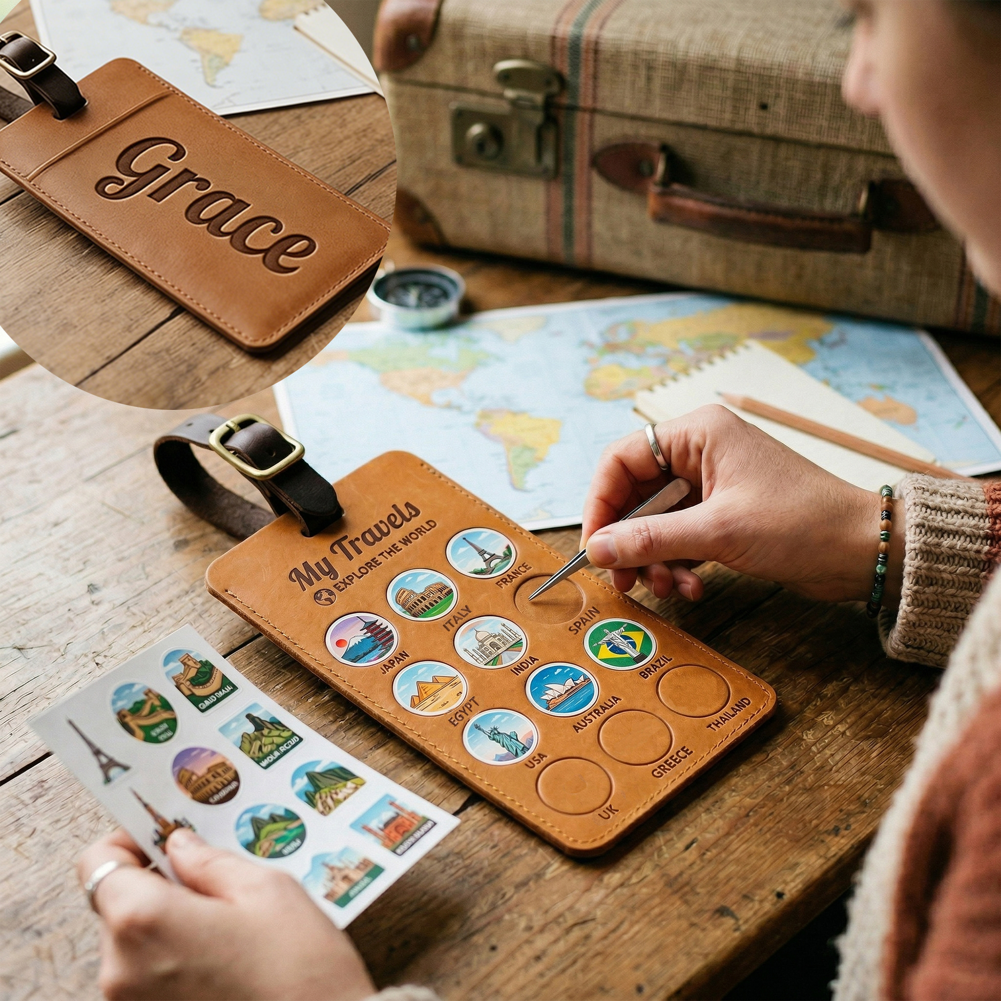 Personalized Travel Luggage Tag with Name DIY Country Sticker Travel Tracker Leather Passport Tag Gift for Travelers Custom Adventure Keepsake