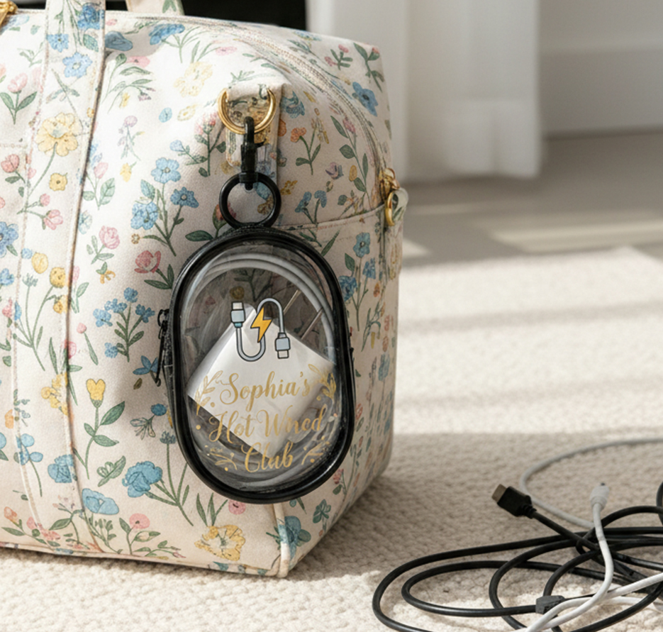 Personalized Travel Cable Organizer Bag  Custom Name Portable Charger Storage Case with Waterproof Transparent Window and  Hook  for Travelers