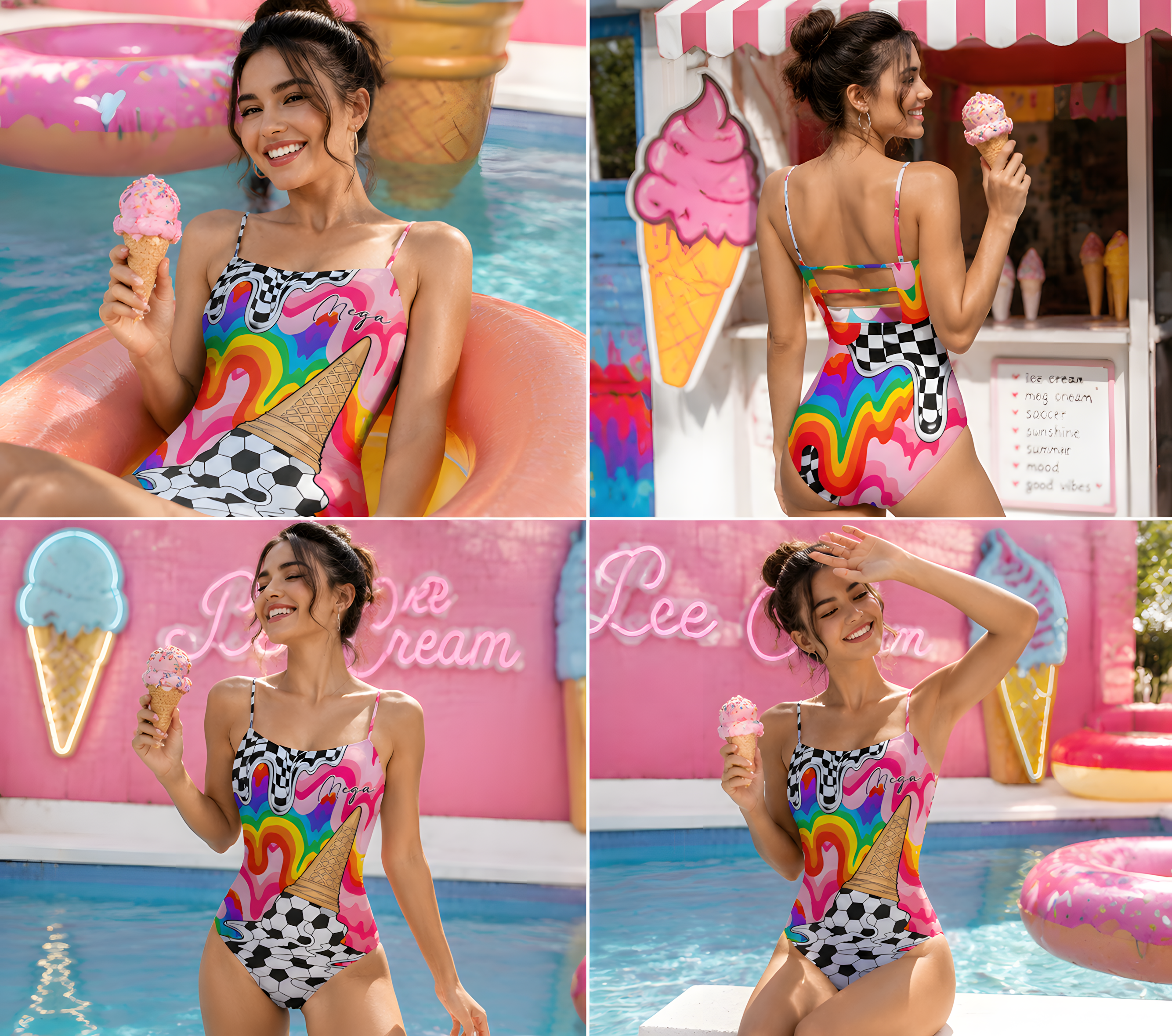 Personalized Women’s Rainbow Soccer Ice Cream One-Piece Swimsuit – Colorful Football Print Bathing Suit
