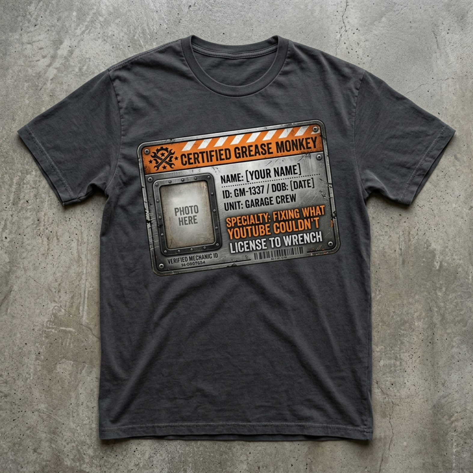 Personalized Certified Grease Monkey Mechanic Tee, Funny Garage Gift for Car Guys Dad