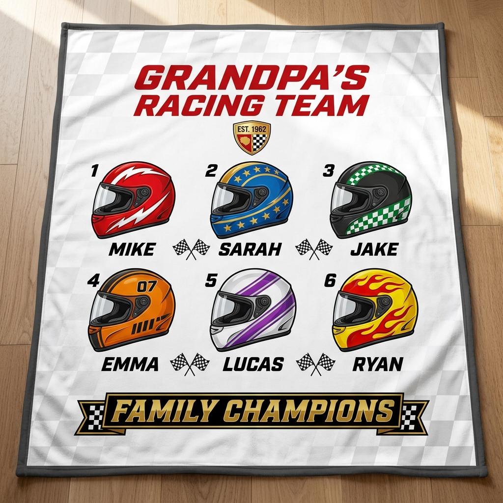 Personalized  Grandpa's Racing Team Family Helmet Checkered Flag Personalized Fleece Blanket