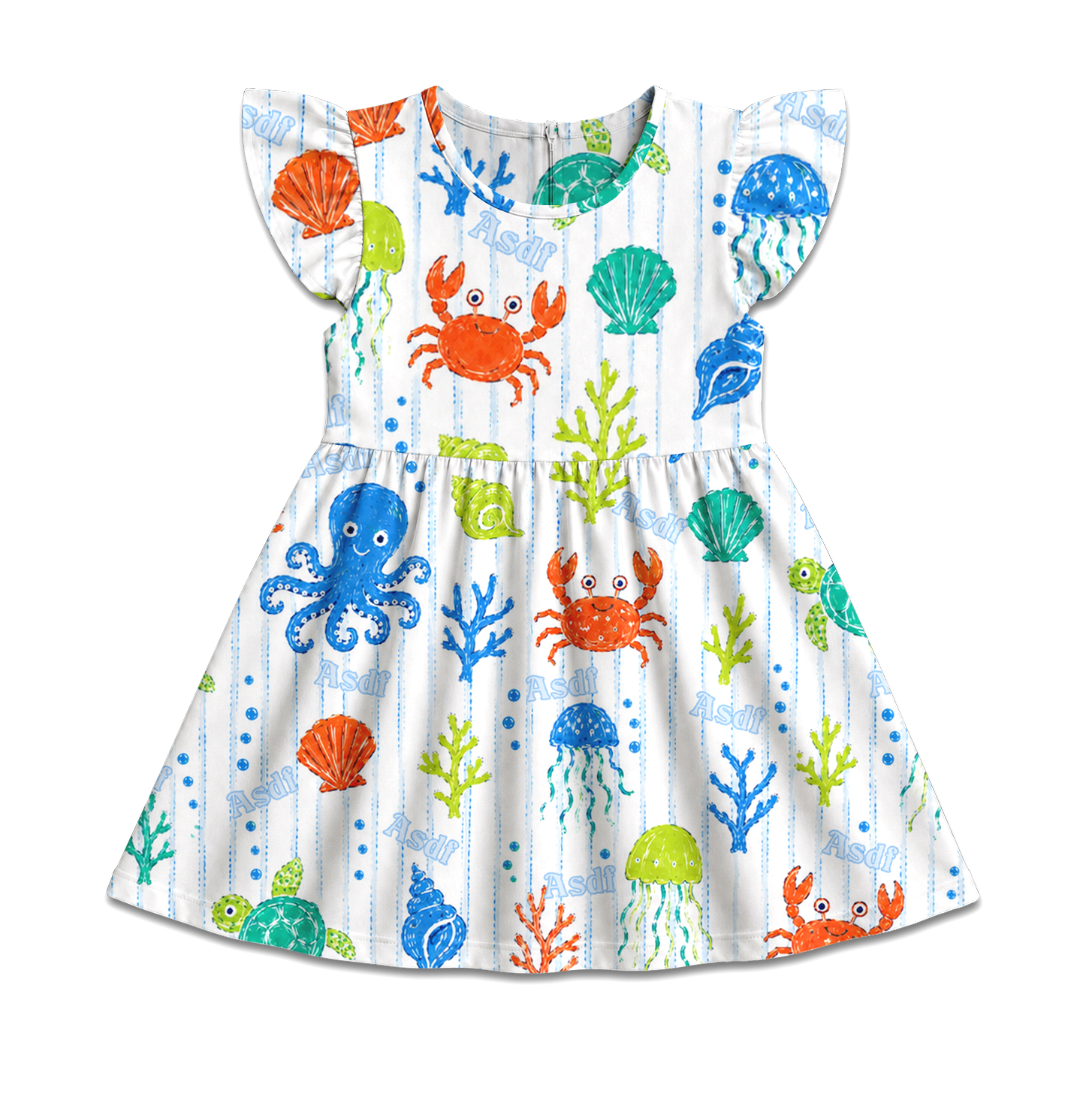 Personalized Colorful Sea Creature Print Beach Holiday Summer Outfit For Little Girls Coquette Ruffle Dress