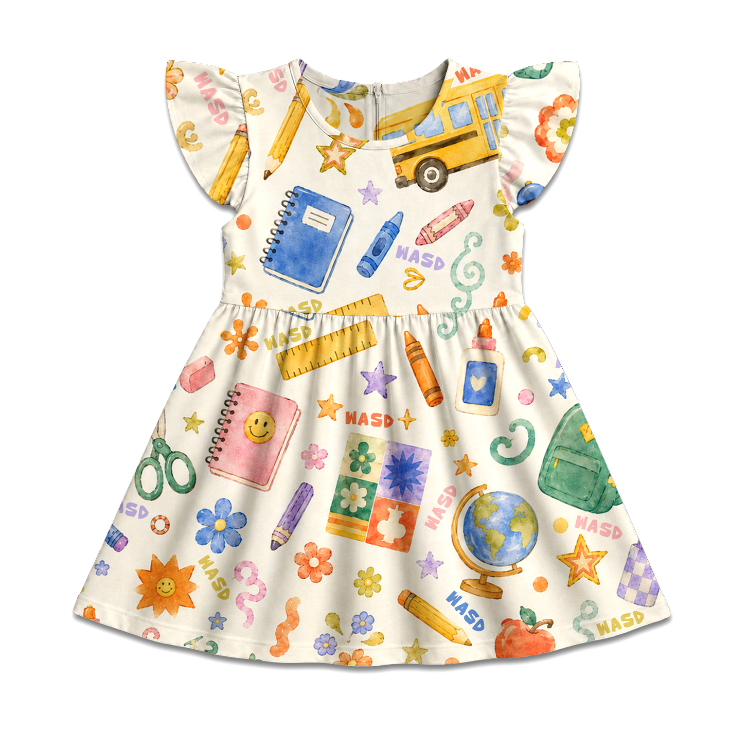 Personalized Back To School Classroom Icons Book Pencil Bus Apple Crayon Print For Little Girls Coquette Ruffle Dress