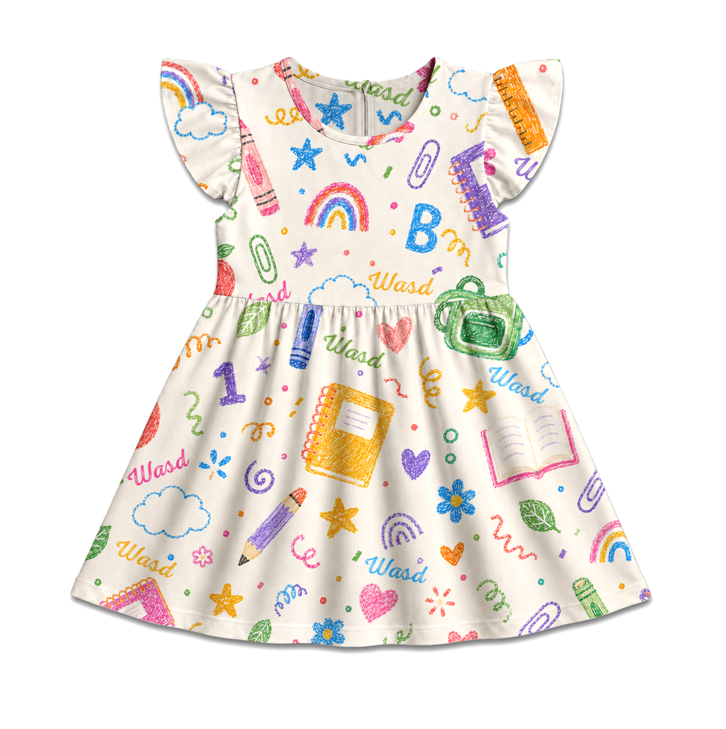 Personalized Colorful Back To School Classroom Icons Sisters Matching Book Pencil Crayon Bus Print Coquette Ruffle Dress