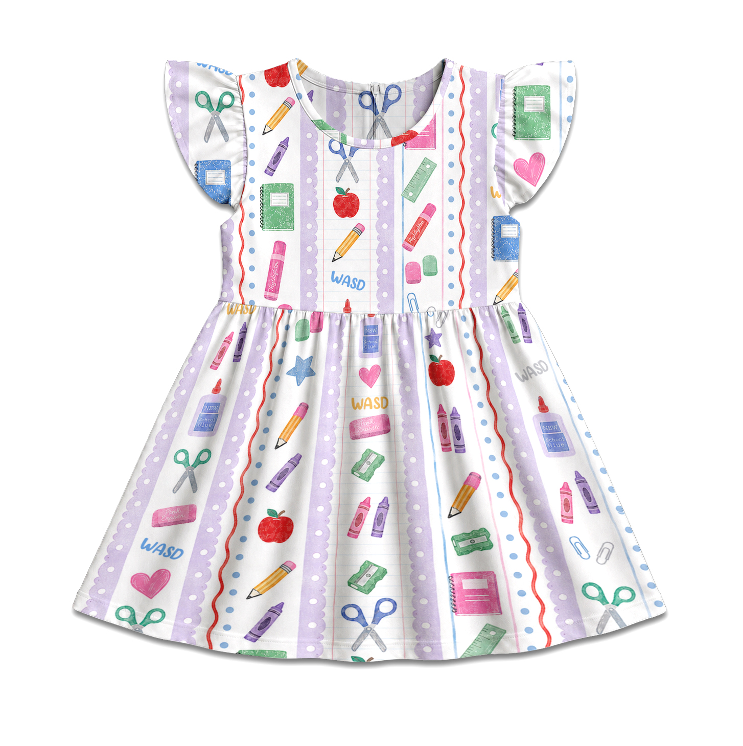 Personalized Cute Teacher Classroom Supplies Pencil Apple Ruler Notebook Rainbow Print Back To School Coquette Ruffle Dress