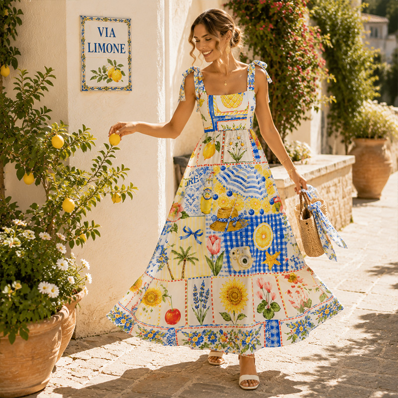 Personalized Mediterranean Lemon Floral Patchwork Bow Tie Strap Square Neck Maxi Dress Blue Gingham Sunflower Fruit Tile Spliced Print Tie Shoulder Long Sundress
